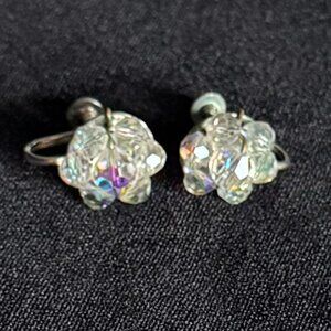 Vintage Aurora Borealis Crystal Flower Silver Tone Screw on Back